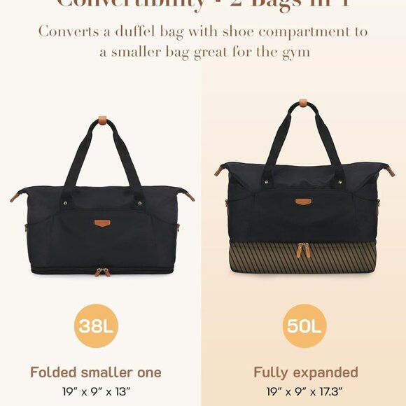 Weekender Bag for Women, Foldie Travel Bag Expandable with Shoes Compartment Tra - Picture 2 of 6